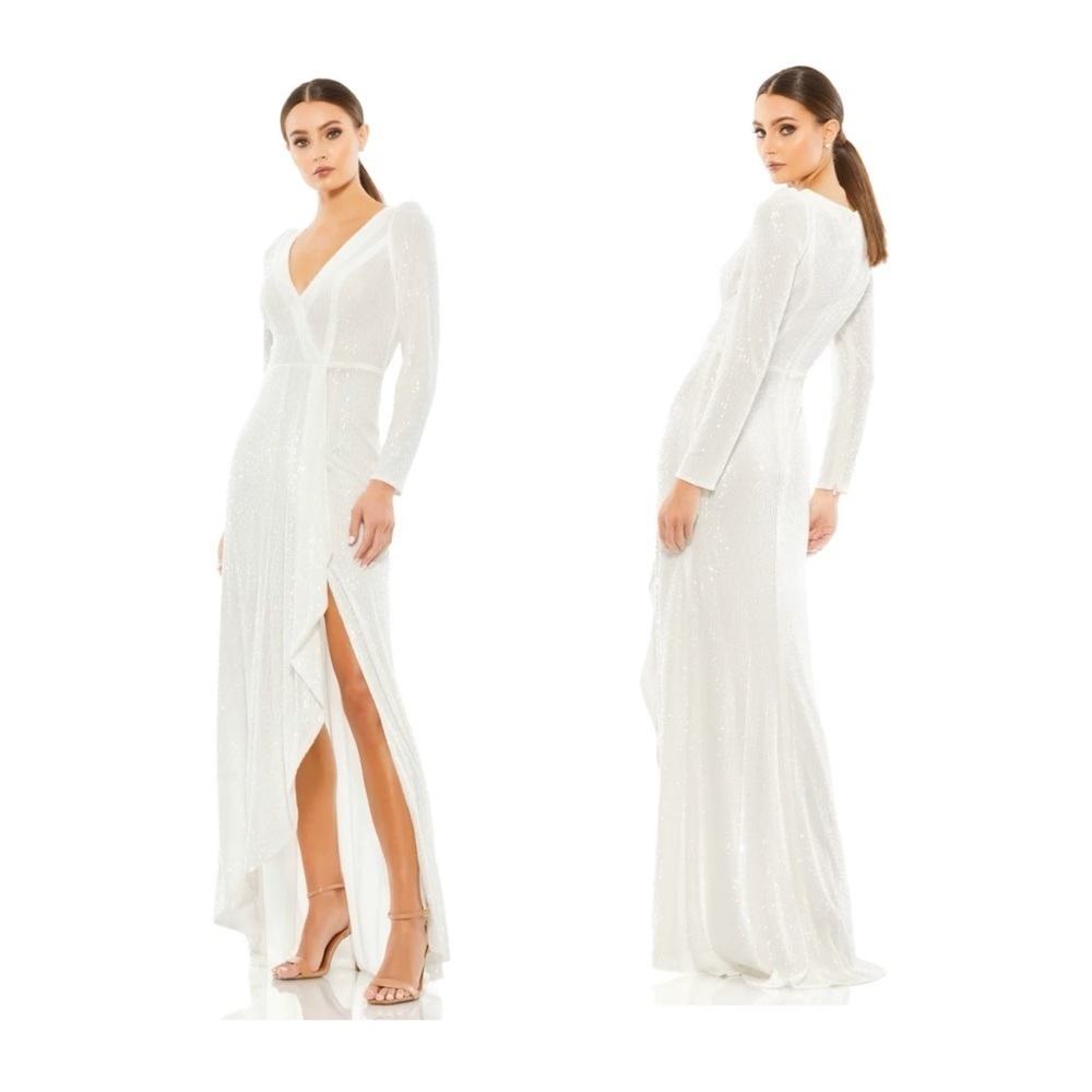 Mac Duggal | Sequin Wrap Evening Gown In White / Ivory | 2